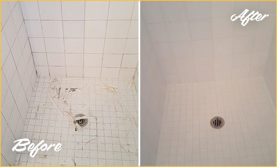 Before and After Picture of a Mesa Bathroom Re-Caulked To Repair Damaged Caulking