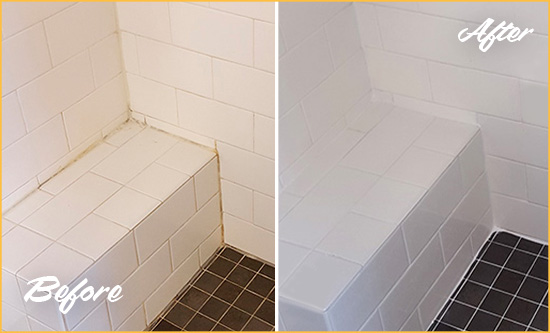Before and After Picture of a Mesa Shower Seat Caulked to Protect Against Mold and Mildew Growth