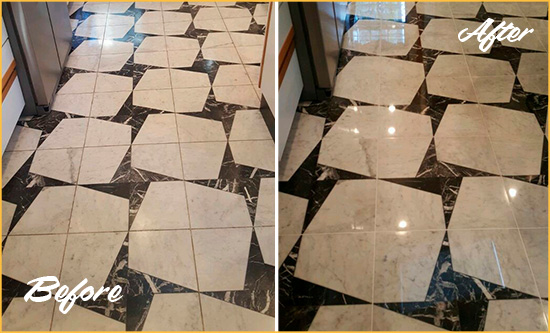 Before and After Picture of a Dull Cave Creek Marble Stone Floor Polished To Recover Its Luster