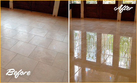 Before and After Picture of a Dull Gilbert Travertine Stone Floor Polished to Recover Its Gloss
