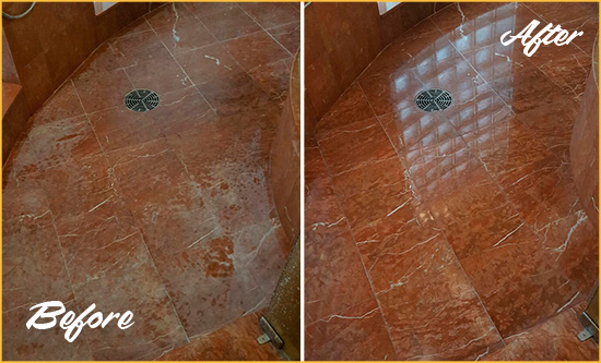 Before and After Picture of a Paradise Valley Marble Stone Shower Polished to Eliminate Mineral Deposits
