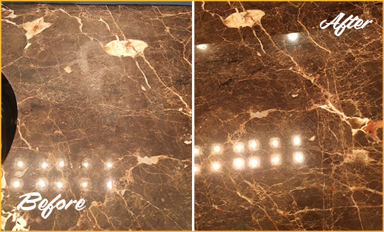 Before and After Picture of a Paradise Valley Marble Stone Countertop Polished to Eliminate Stains