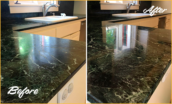 Before and After Picture of a Mesa Marble Stone Counter Polished to Eliminate Water Marks