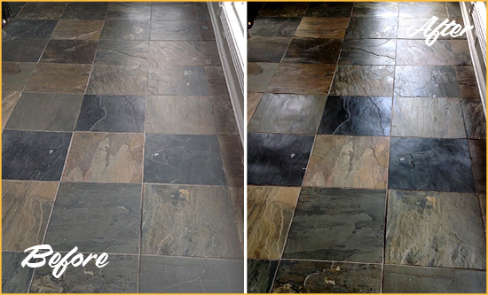 Before and After Picture of a Dull Paradise Valley Slate Floor Sealed to Bring Back Its Colors