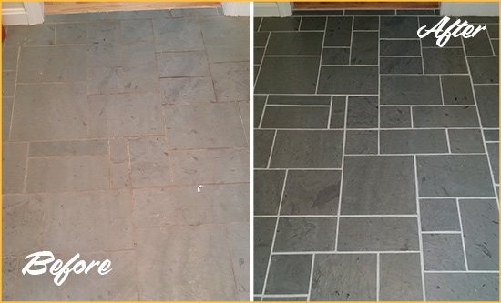 Before and After Picture of a Phoenix Slate Floor Cleaned to Remove Deep-Seated Dirt