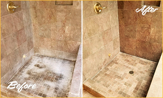 Before and After Picture of a Paradise Valley Travertine Shower Cleaned to Eliminate Water Spots