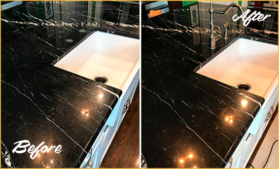 Before and After Picture of a Scottsdale Marble Kitchen Countertop Stone Sealed to Avoid Water Damage