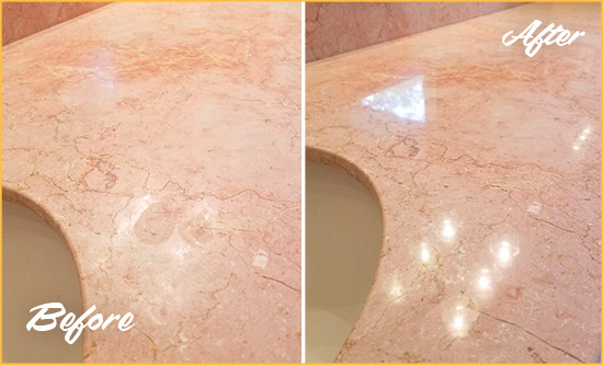 Before and After Picture of a Scottsdale Marble Stone Vanity Top Sealed to Avoid Water Marks