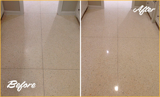 Before and After Picture of a Dull Gilbert Granite Floor Honed to Recover Its Sheen