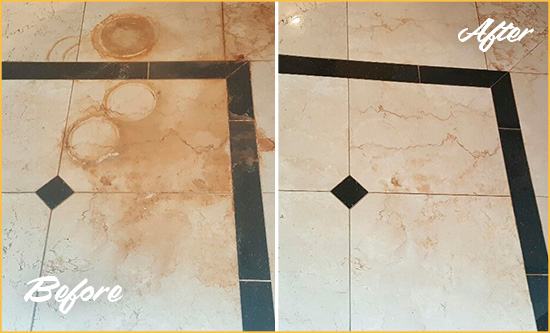 Before and After Picture of a Scottsdale Marble Floor Honed to Remove Rust Stains