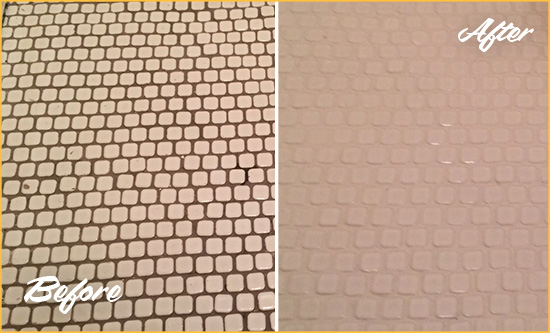 Before and After Picture of a Scottsdale Hard Surface Restoration Service on a Bathroom Tile Floor Recolored to Fix Grout Color
