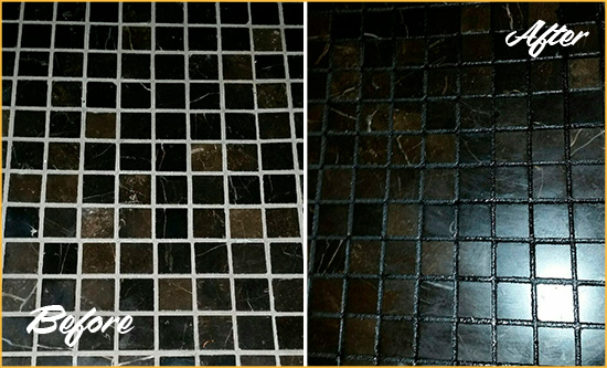 Before and After Picture of a Cave Creek Black Floor with Recolored Grout