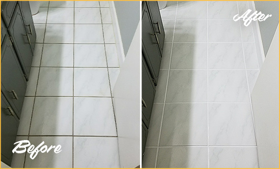 Before and After Picture of a Mesa White Ceramic Tile with Recolored Grout