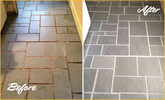 Before and After Picture of Damaged Tempe Slate Floor with Sealed Grout