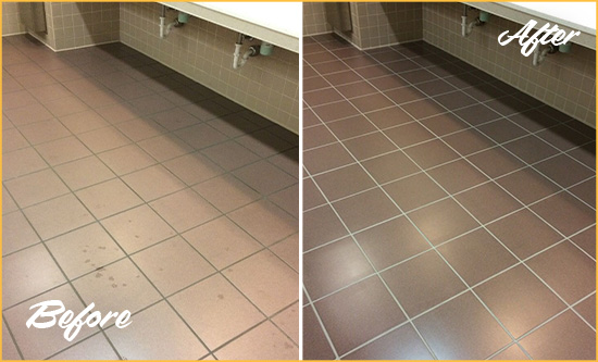 Before and After Picture of Dirty Chandler Office Restroom with Sealed Grout