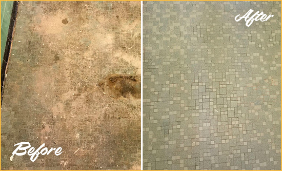 Before and After Picture of a Scottsdale Mosaic Shower Cleaned to Eliminate Embedded Dirt
