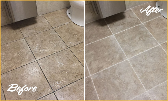 Before and After Picture of a Phoenix Restroom Floor Cleaned to Eliminate Dirt