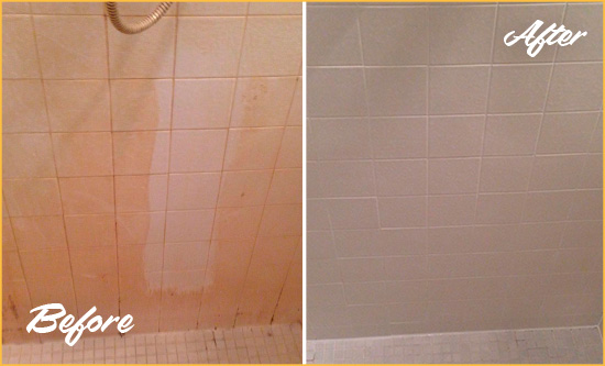 Before and After Picture of a Chandler Porcelaine Shower Cleaned to Remove Soap Scum