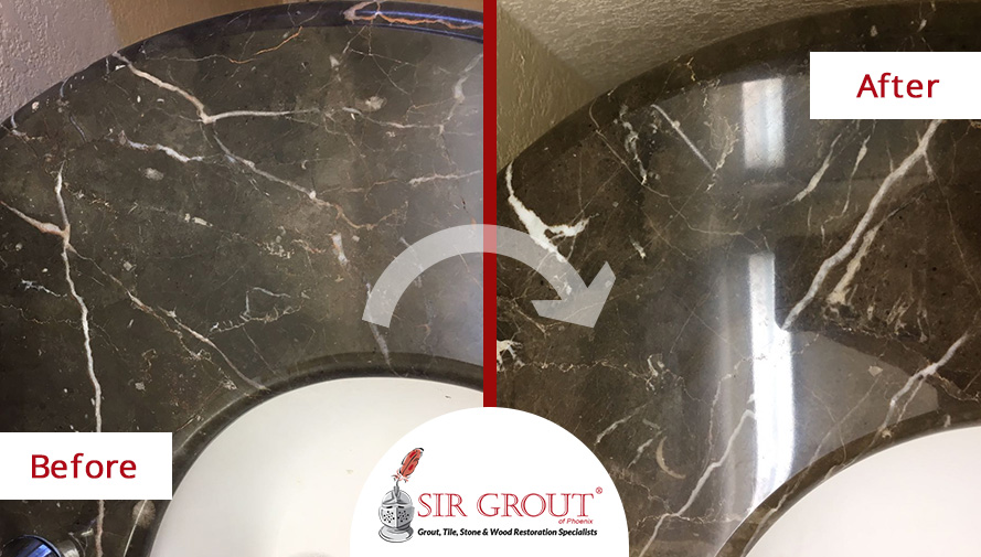 Before and After Picture of a Marble Vanity Top Stone Polishing Service in Mesa, Arizona