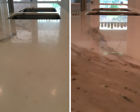 Before and after Picture of a Calacatta Marble Countertop after Our Stone Polishing Service in Scottdale, AZ
