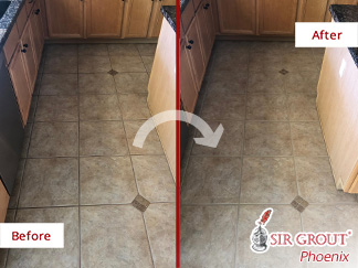Before and After Picture of This Floor After a Grout Sealing Job in Chandler, AZ