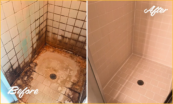 Before and After Picture of a Dirty Shower Cleaned and Sealed to Remove Grime