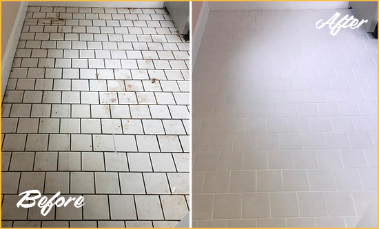 Before and After Picture of a Ceramic Floor Cleaned and Sealed to Remove Soil