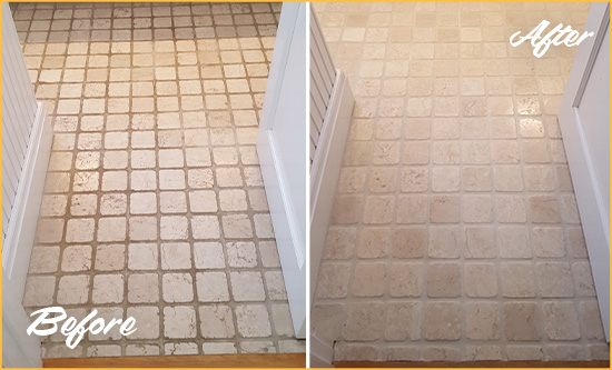 Before and After Picture of a Pitted Marble floor Tile and Grout Cleaned to Remove Dirt