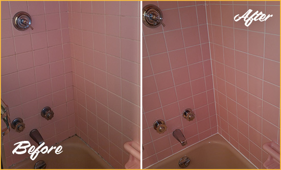 Picture of a Pink Bathtub Area Before and After a Bathroom Recaulking