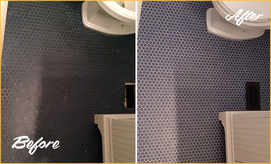 Before and After Picture of a Blue Tile Floor Recolored Grout