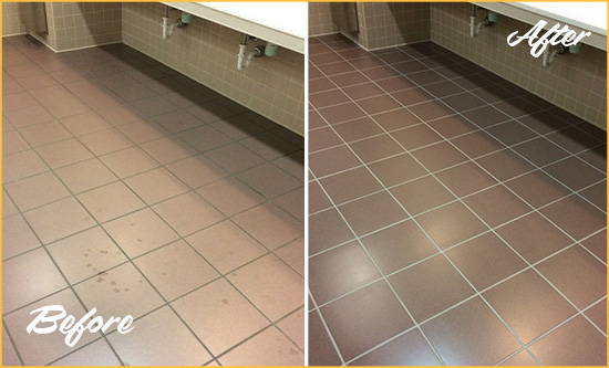 Before and After Picture of a Mesa Restrooms Tile and Grout Cleaned to Remove Embedded Dirt