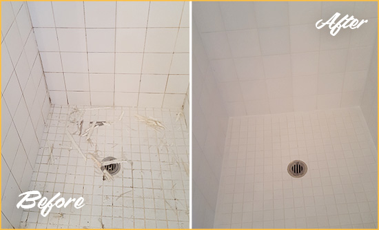 Before and After Picture of a Surprise Bathroom Re-Caulked To Repair Damaged Caulking