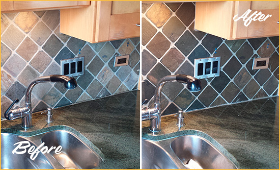 Before and After Picture of a Fountain Hills Backsplash Caulked to Fix and Prevent Water Leaks