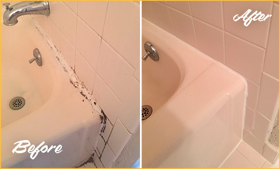 Before and After Picture of a Buckeye Bathroom Sink Caulked to Fix a DIY Proyect Gone Wrong