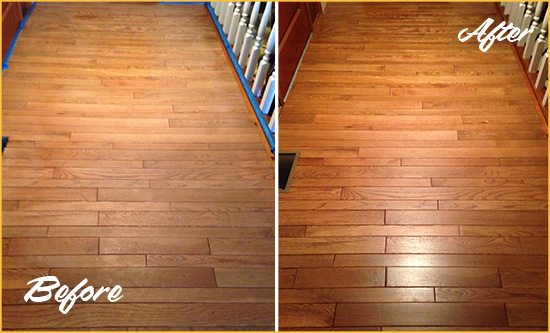 Before and After Picture of a Tolleson Wood Sandless Refinishing Service on a Dull Hallway