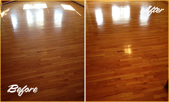 Before and After Picture of a Buckeye Wood Sandless Refinishing Service on a Room Floor to Remove Scratches