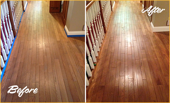 Before and After Picture of a Surprise Wood Sandless Refinishing Service on a Worn Out Floor