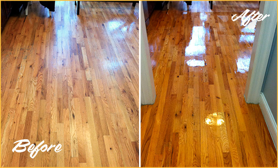 Before and After Picture of a Guadalupe Wood Sandless Refinishing Service on a Worn Out Hallway