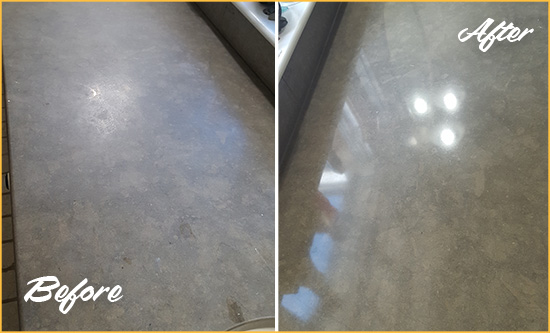 Before and After Picture of a Dull Tempe Limestone Countertop Polished to Recover Its Color