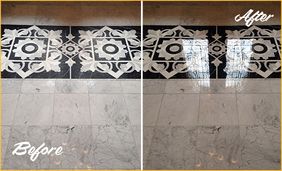 Before and After Picture of a Paradise Valley Marble Stone Floor Polished to a Mirror Shine