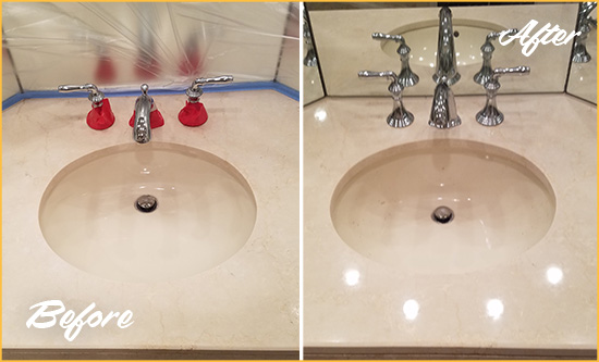 Before and After Picture of a Dull Youngtown Marble Stone Vanity Top Polished to Bring-Back Its Sheen