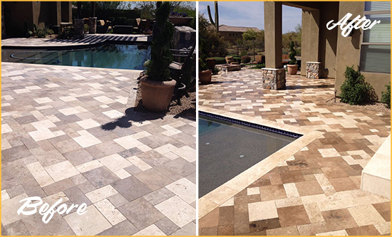 Before and After Picture of a Faded Surprise Travertine Pool Deck Sealed For Extra Protection