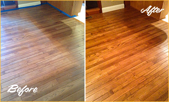 Before and After Picture of a Buckeye Wood Sand Free Refinishing Service on a Dull Floor to Recover Its Sheen