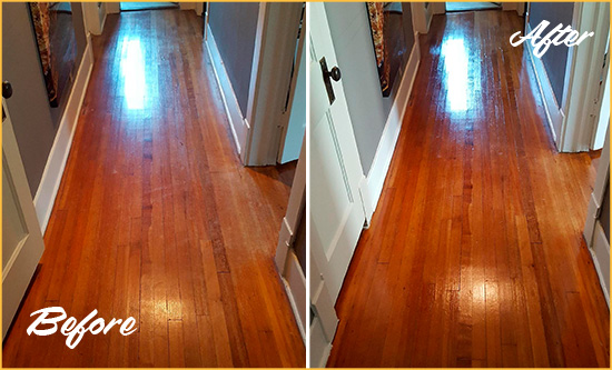Before and After Picture of a Surprise Wood Sand Free Refinishing Service on a Floor to Eliminate Scratches