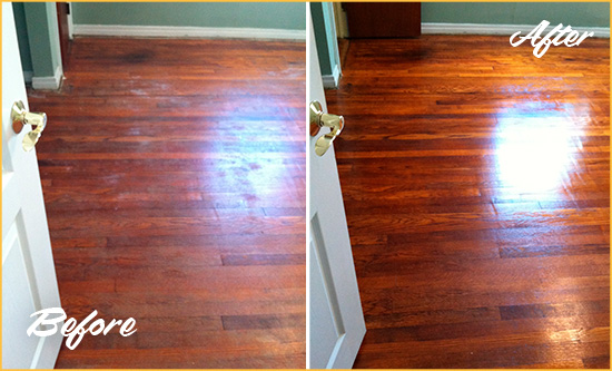 Before and After Picture of a Buckeye Wood Sand Free Refinishing Service on a Dull Floor to Remove Stains
