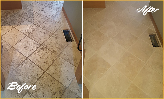 Before and After Picture of a Wickenburg Kitchen Marble Floor Cleaned to Remove Embedded Dirt