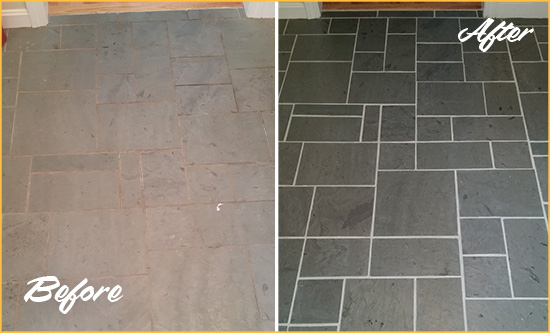 Before and After Picture of a Queen Creek Slate Floor Cleaned to Remove Deep-Seated Dirt