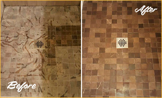 Before and After Picture of a Stained Chandler Marble Shower Floor Cleaned to Remove Etching