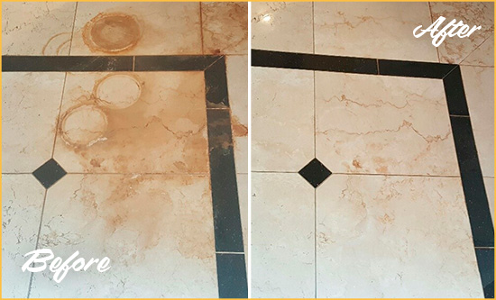 Before and After Picture of a Carefree Marble Floor Cleaned to Eliminate Rust Stains