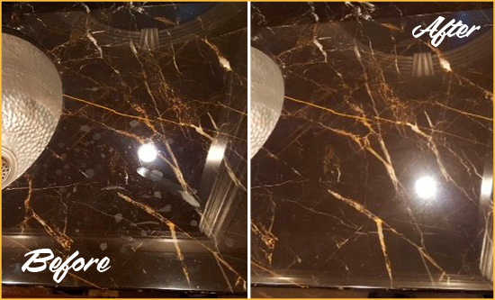 Before and After Picture of a Peoria Marble Countertop Cleaned to Remove Water Spots